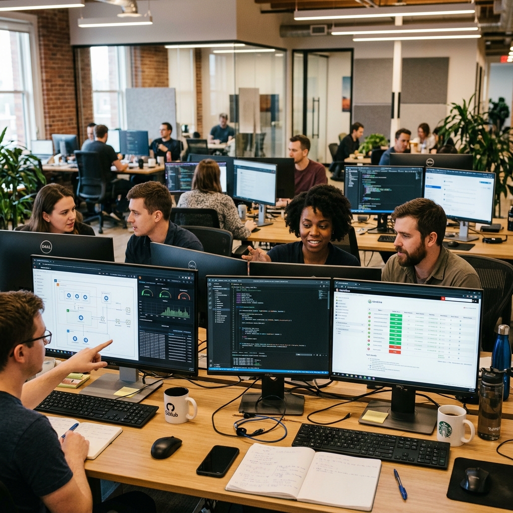 Cloud QA and testing team collaborating in a modern tech office